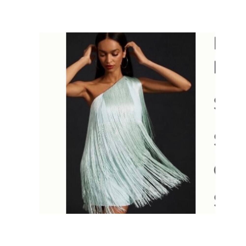 NWOT Hutch x Anthropologie one shouldered fringe mini dress in MINT sz L